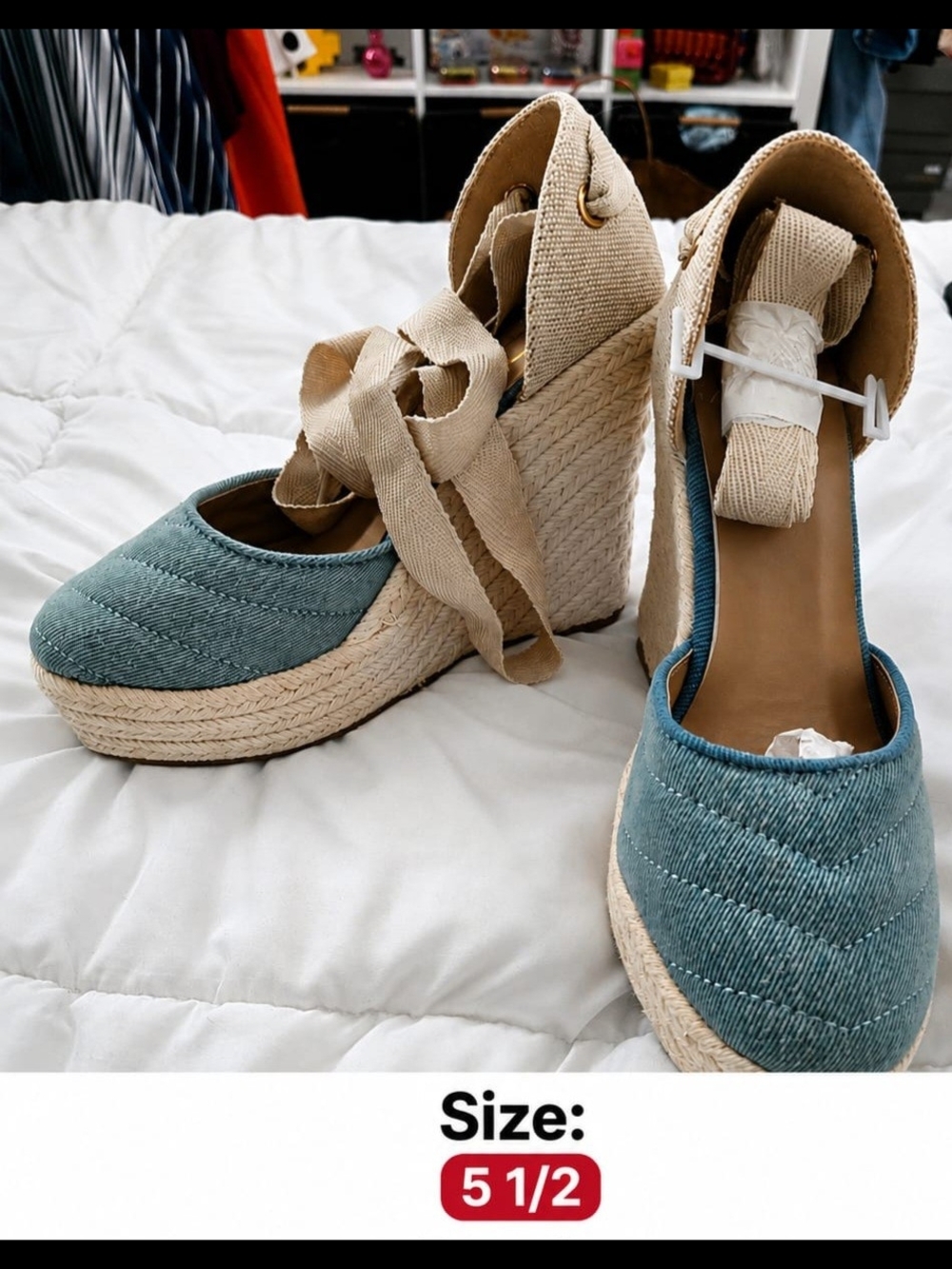 Bakers Teal Espadrille Wedge Sandals with Beige Ankle Wrap
